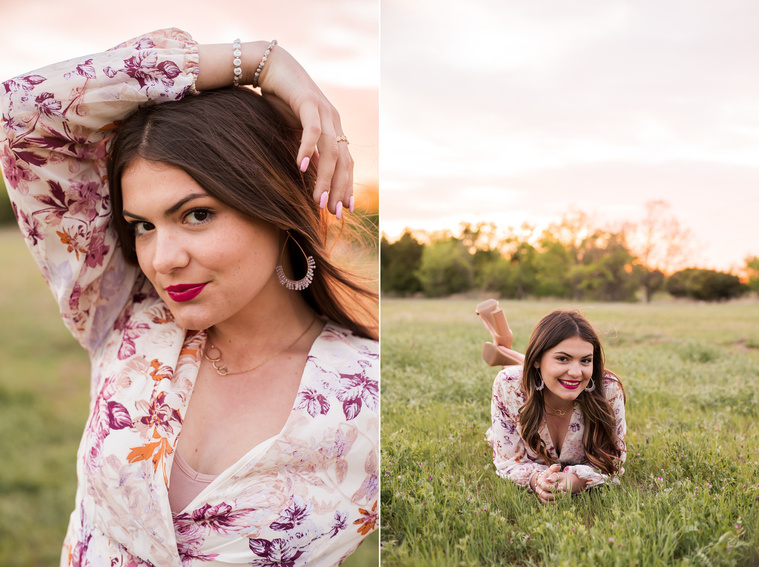 two photos of a high school senior girl dressed in boho style posing in a field with trees and a sunset behind her in Oklahoma City, Oklahoma