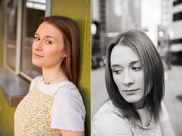 high school senior girl leans against a wall at the Classen Inn and a black and white photo of  her on a sidewalk in downtown Oklahoma City with a serious face