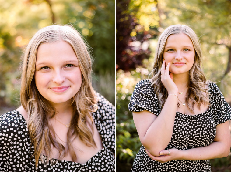 Two photos of a blond high school senior girl posing for senior pictures at Myriad Gardens in downtown Oklahoma City