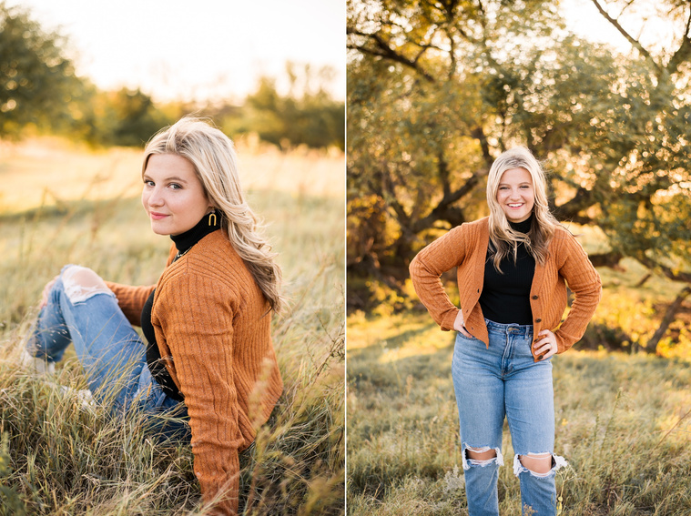 two images of a high school senior girl with blond hair wearing a rust colored sweater and jeans, sitting and standing in a golden field in Oklahoma with a pretty tree and sunlight behind her for her photo session