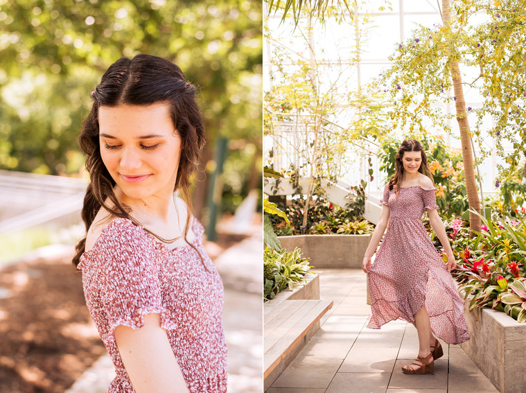 two photos of a high school senior girl with long brown hair in a red and white dress twirling on a path inside the Crystal Bridge at Myriad Gardens in Oklahoma City with tropical plants all around her