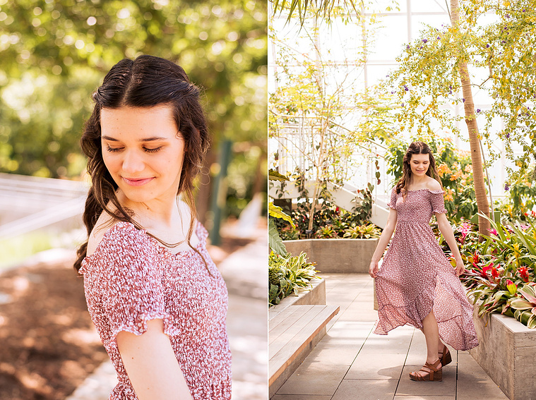 two photos of a high school senior girl with long brown hair in a red and white dress twirling on a path inside the Crystal Bridge at Myriad Gardens in Oklahoma City with tropical plants all around her