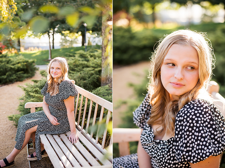 Two photos of a blond high school senior girl sitting on a bench among trees at Myriad Gardens in downtown Oklahoma City