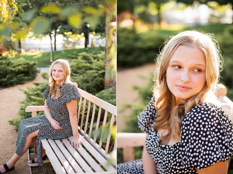 Two photos of a blond high school senior girl sitting on a bench among trees at Myriad Gardens in downtown Oklahoma City