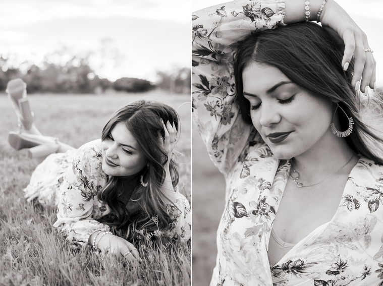 two black and white photos of a high school senior girl dressed in boho style posing in a field with trees and a sunset behind her in Oklahoma City, Oklahoma