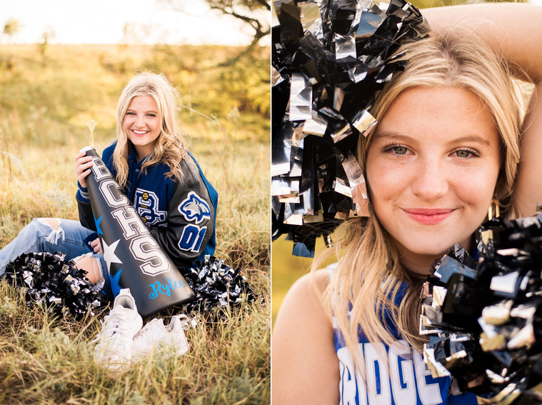 two photos of a high school senior girl with blond hair in her letterman jacket and jersey, holding her cheer poms and props