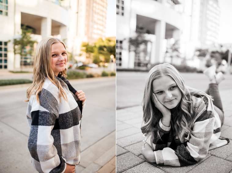 Two photos of a blond high school senior girl posing for senior pictures in downtown Oklahoma City