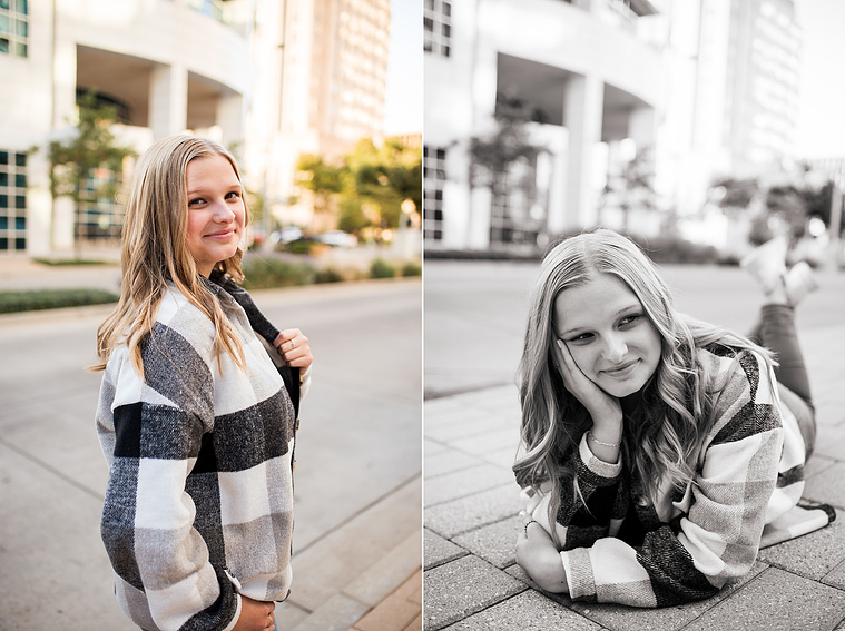 Two photos of a blond high school senior girl posing for senior pictures in downtown Oklahoma City