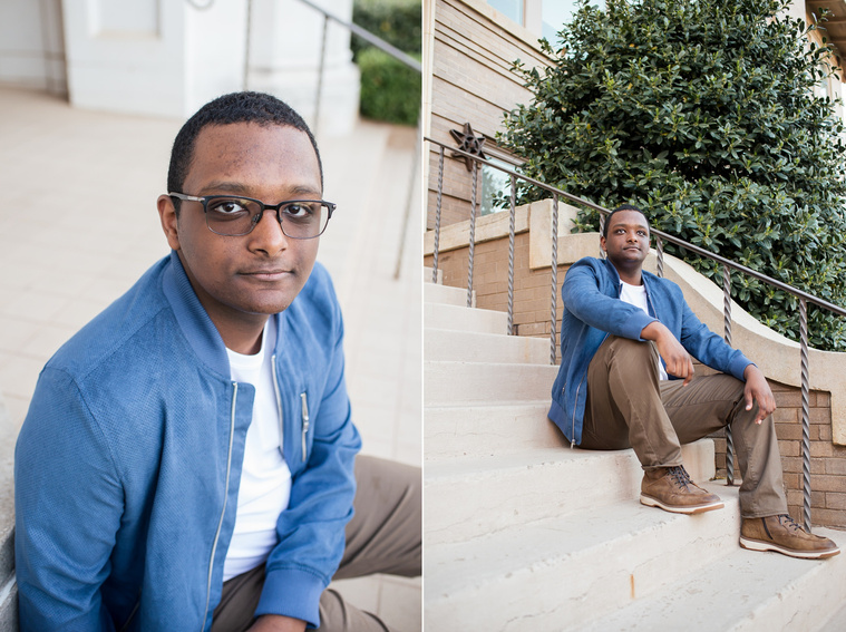 two portraits of an african-american high school senior boy wearing a blue jacket and sitting on the steps of a building on the OU campus in Norman Oklahoma