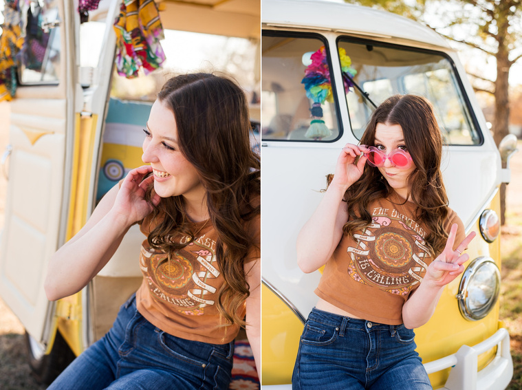 two photos of a high school senior girl with brown hair wearing a t-shirt and bell bottoms sitting and standing in front of a yellow and white VW bus in a yard in Tuttle Oklahoma smiling and making a peace sign wearing pink flower sunglasses