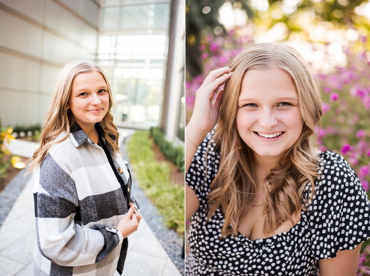 Two photos of a blond high school senior girl posing for senior pictures in downtown Oklahoma City