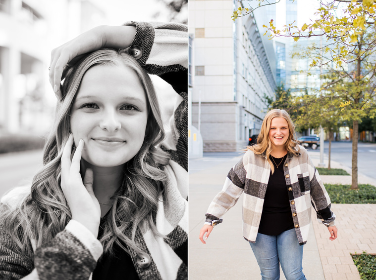 Two photos of a blond high school senior girl posing for senior pictures in downtown Oklahoma City