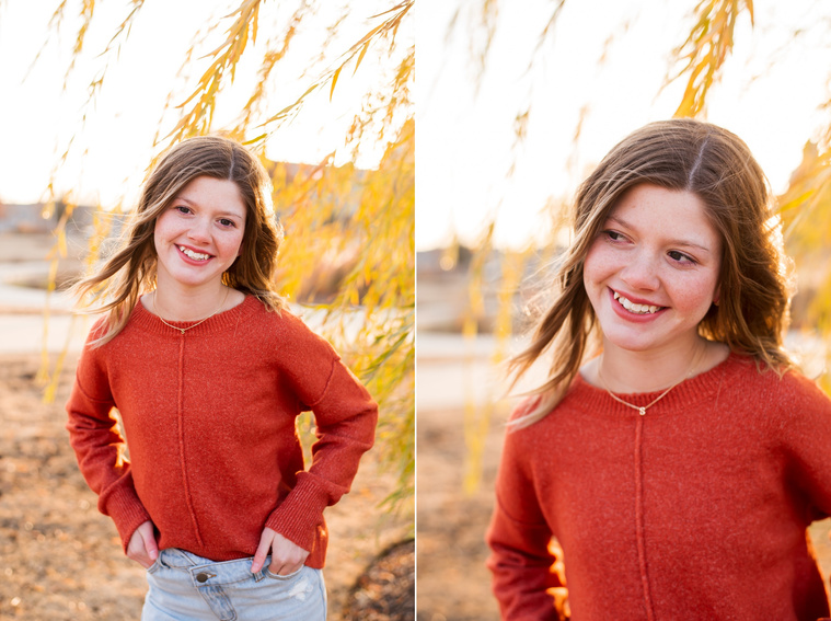 two images of a teen girl posing and smiling surrounded by a golden weeping willow at Scissortail Park in Oklahoma City 