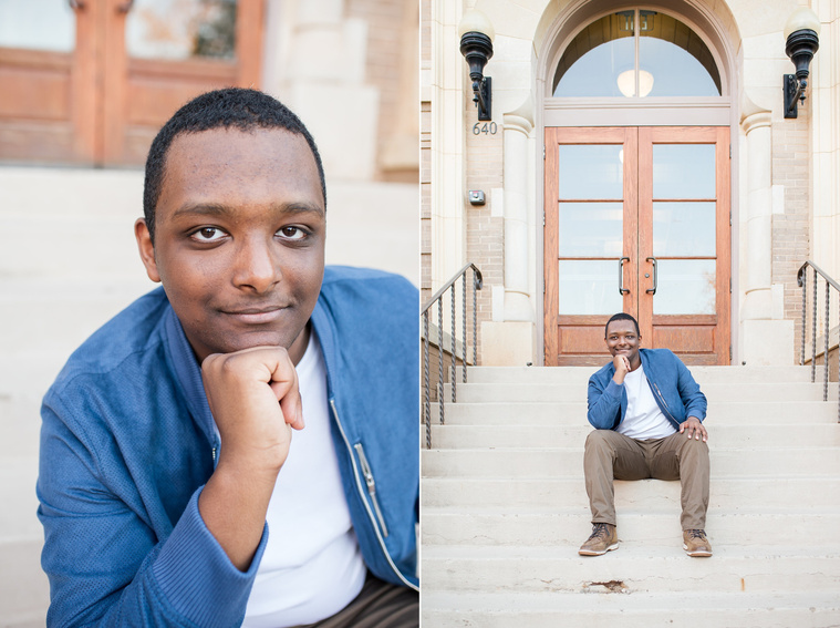 two portraits of an african-american high school senior boy wearing a blue jacket and khakis with chin in hand sitting on steps of a building on the OU campus in Norman Oklahoma