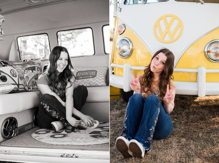 two photos of a high school senior girl with brown hair wearing a t-shirt and bell bottoms sitting inside and in front of a yellow and white VW bus in a yard in Tuttle Oklahoma laughing and making peace signs