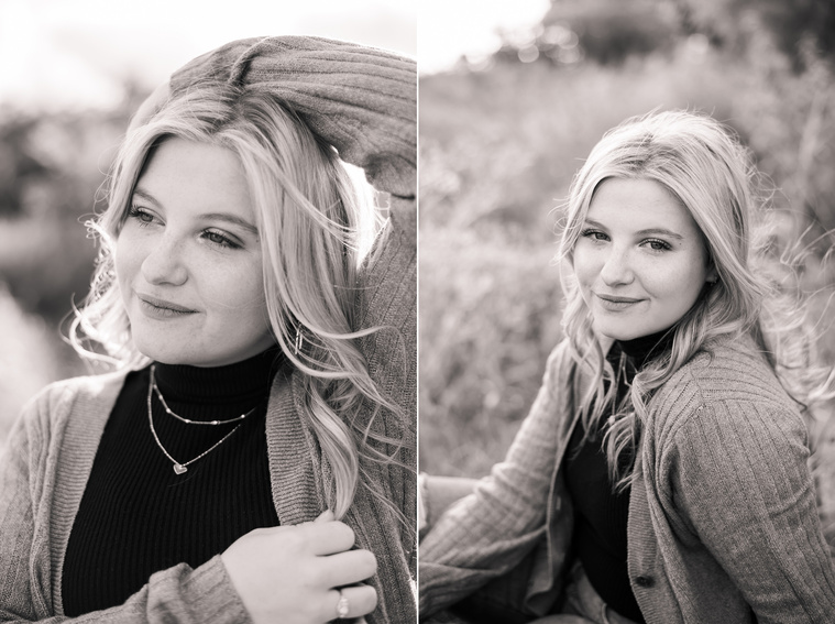 two black and white photos of a high school senior girl posing for senior pictures in a field in Oklahoma