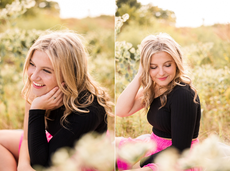 two photos of a high school senior girl sitting in a field in Oklahoma surrounded by milkweed and smiling 