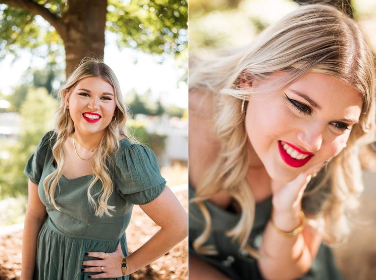 one photo of a blond high school senior girl wearing a green dress and smiles brightly, other photo close up of same girl smiling to the side with her chin in her hand at Myriad Gardens in downtown Oklahoma City for senior portraits