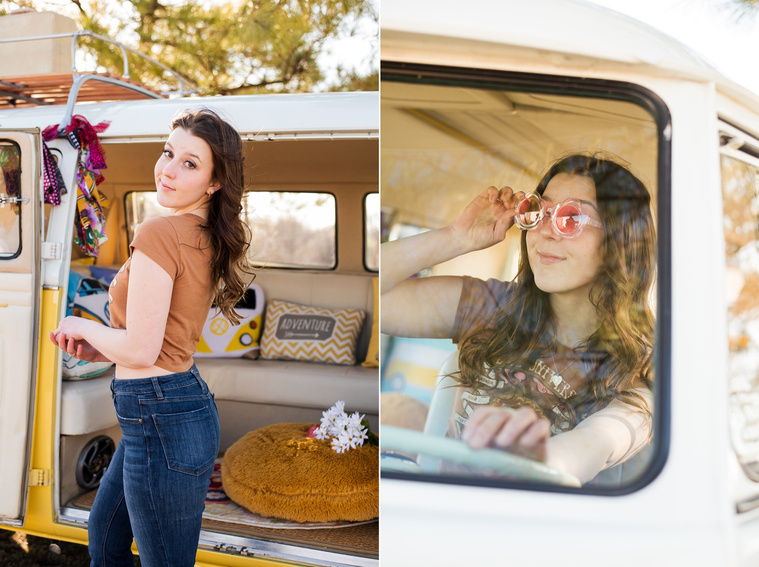 two photos of a high school senior girl with brown hair wearing a t-shirt and bell bottoms standing and sitting in front of a yellow and white VW bus in a yard in Tuttle Oklahoma