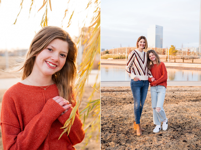 two images-one of a mom and her teen daughter hugging and smiling at Scissortail Park with the Oklahoma City skyline behind them, the other the teen girl alone smiling by weeping willow leaves