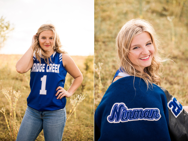 two photos of a high school senior girl with blond hair wearing her blue basketball jersey and letterman jacket and smiling for photos in an Oklahoma field
