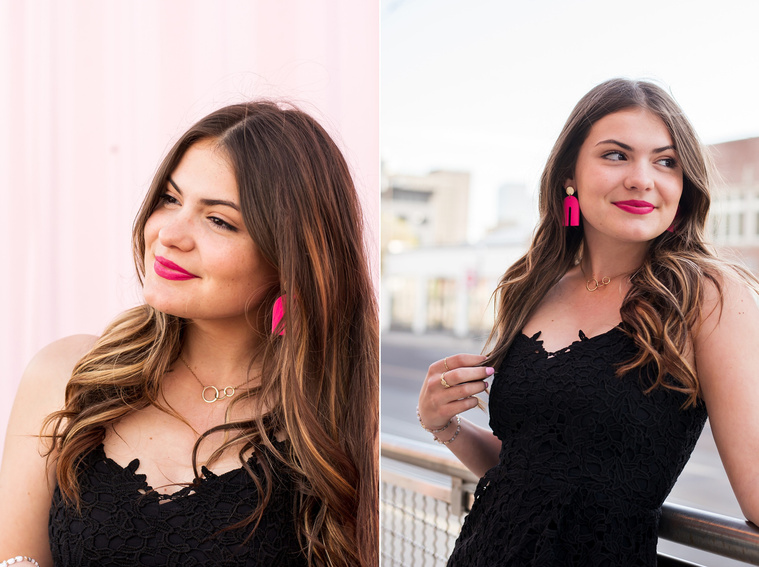 two photos of a high school senior girl wearing a black dress and pink earrings standing on the sidewalk and in front of a pink wall in Automobile Alley in Oklahoma City, Oklahoma
