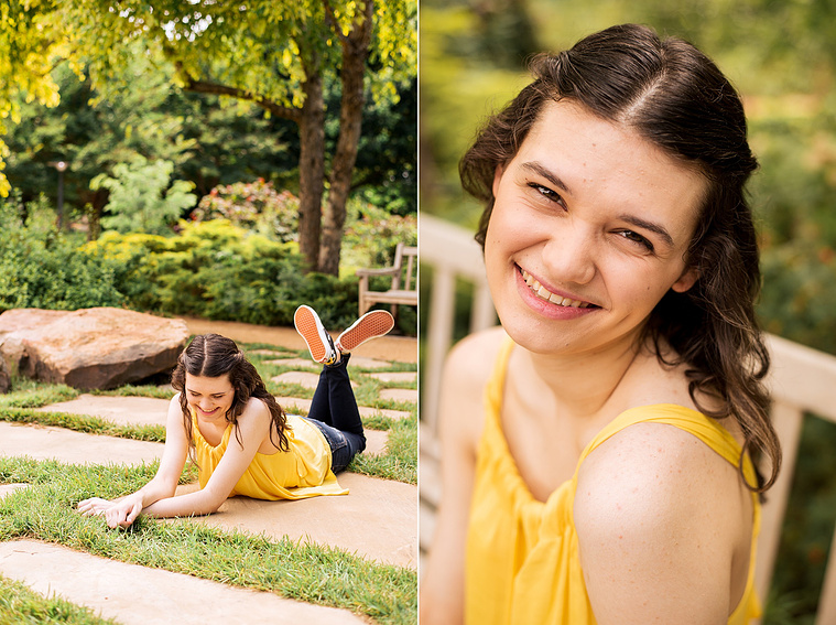 two photos of a high school senior girl with long brown hair wearing a yellow top and jeans lays on the grass and sits on a bench smiling and laughing at Myriad Gardens in Oklahoma City