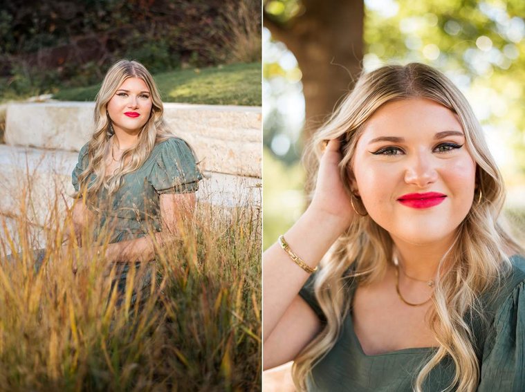 one photo of a blond high school senior girl softly smiling with golden grass in foreground, other photos closeup of same girl smiling at Myriad Gardens in downtown Oklahoma City for senior portraits