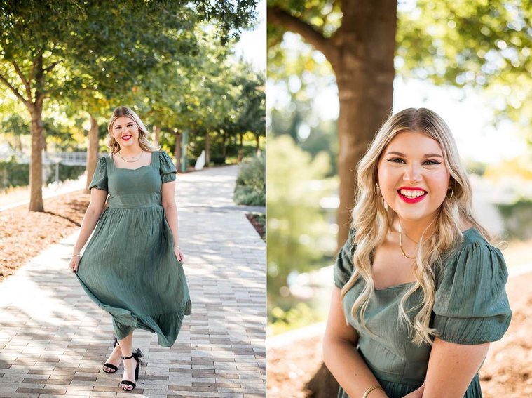 one photo of a blond high school senior girl walking towards camera swishing her dress and smiling, other photo of same girl smiling brightly at Myriad Gardens in downtown Oklahoma City for senior portraits