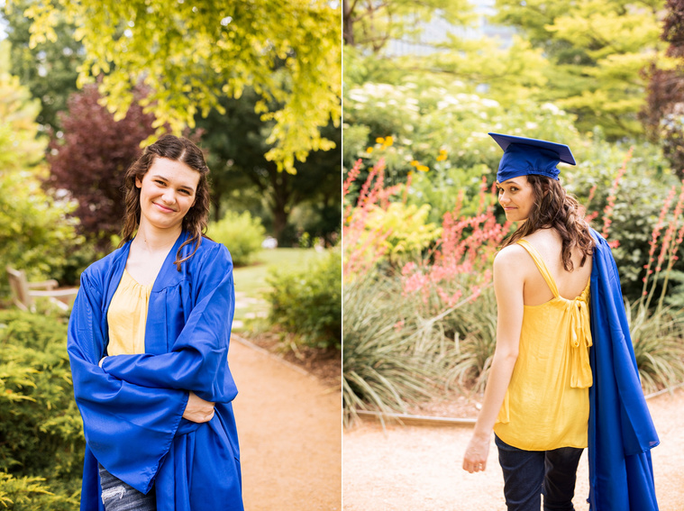two photos of a high school senior girl with long brown hair wearing a yellow top and jeans with her blue cap and gown smiling and walking away looking back  on a path at Myriad Gardens in Oklahoma City