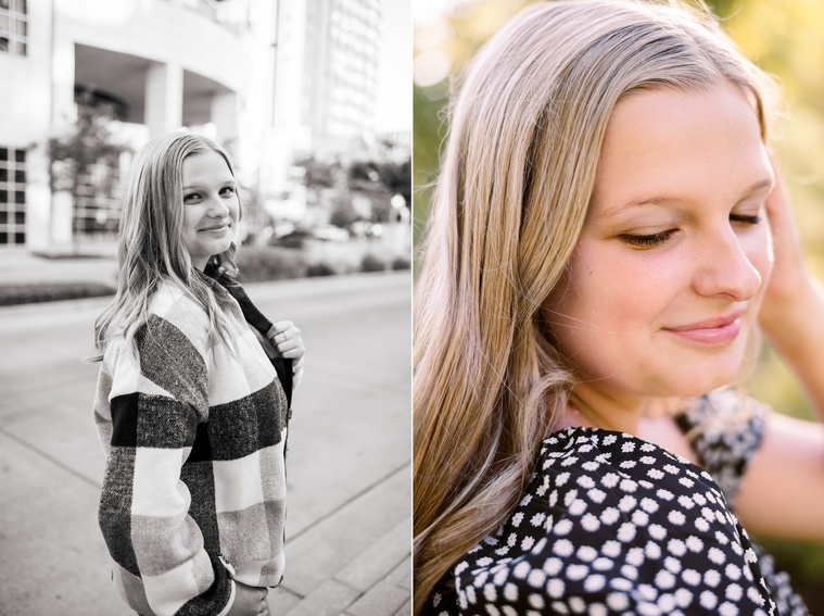 Two photos of a blond high school senior girl posing for senior pictures in downtown Oklahoma City