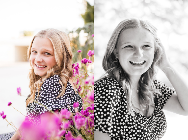 Two photos of a blond high school senior girl posing and laughing for senior pictures in downtown Oklahoma City