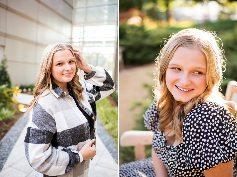 Two photos of a blond high school senior girl posing for senior pictures in downtown Oklahoma City