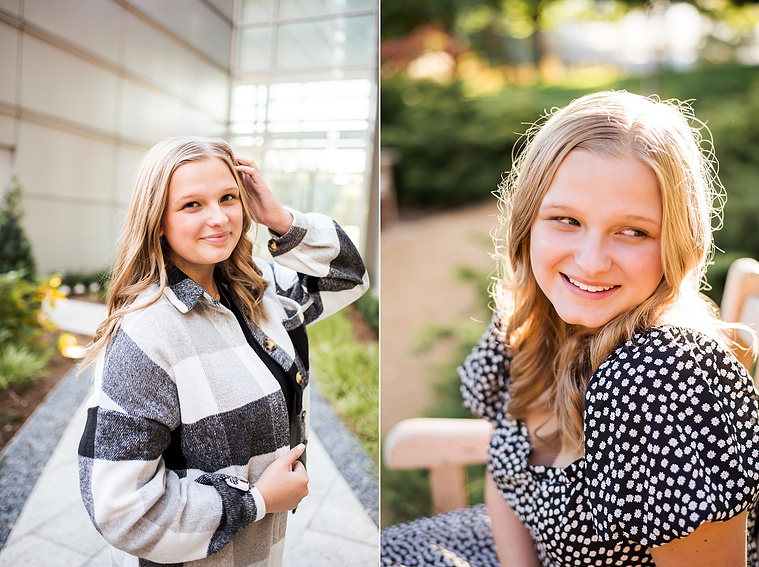 Two photos of a blond high school senior girl posing for senior pictures in downtown Oklahoma City