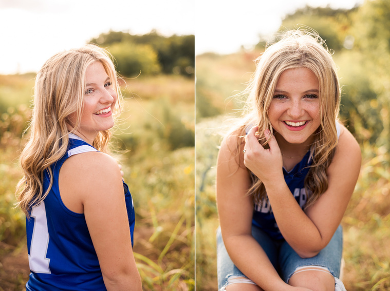 two photos of a high school senor girl in her blue basketball jersey laughing and smiling for her senior photo session in a field in Oklahoma