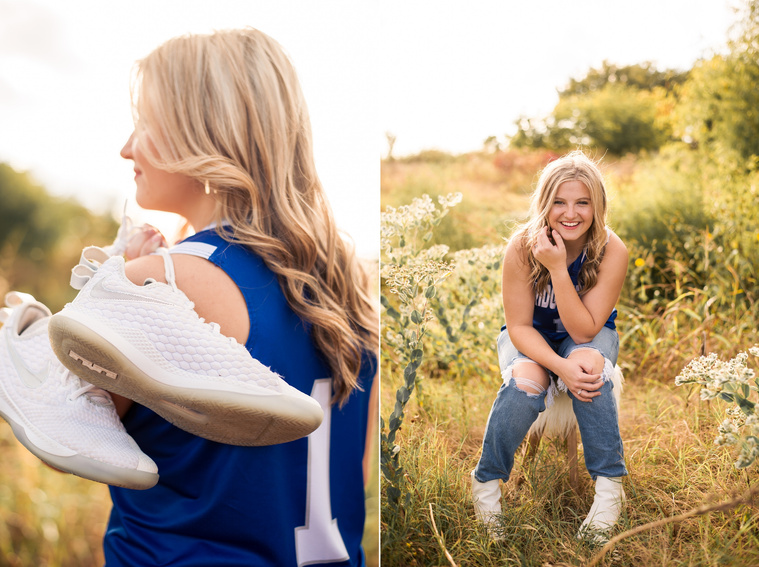 two photos of a high school senior girl with blond hair wearing a blue basketball jersey and jeans, holding white basketball shoes and also sitting and smiling