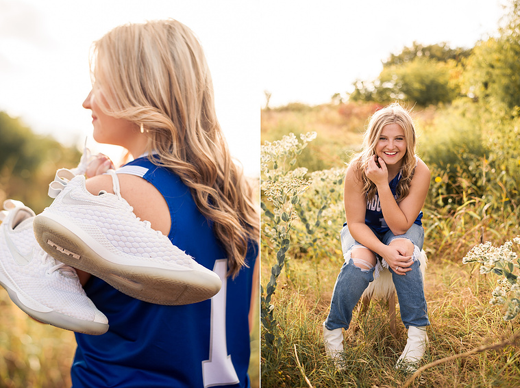two photos of a high school senior girl with blond hair wearing a blue basketball jersey and jeans, holding white basketball shoes and also sitting and smiling