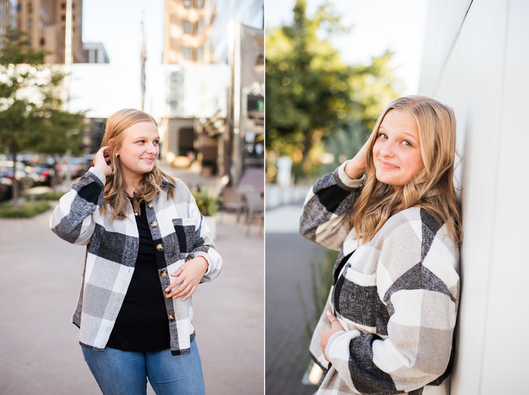 Two photos of a blond high school senior girl posing for senior pictures in downtown Oklahoma City