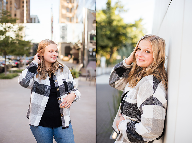 Two photos of a blond high school senior girl posing for senior pictures in downtown Oklahoma City