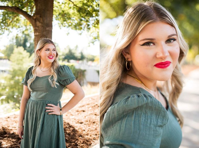one photo of a blond high school senior girl with hand on hip smiling to the side, other photo close-up of her smiling cutely at Myriad Gardens in downtown Oklahoma City for senior portraits