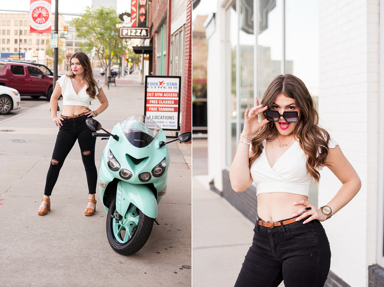 two photos of a high school senior girl in a white top and black jeans one standing by a turquoise motorcycle and the other standing on the sidewalk holding her sunglasses down below her eyes in Automobile Alley in Oklahoma City, Oklahoma