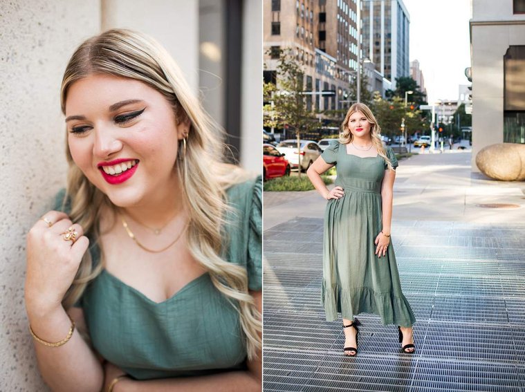one photo close up of a blond high school senior girl playing with hair against a white stone wall,  other photo same girl standing on a sidewalk in downtown Oklahoma City with her hand on hip and being sassy for senior portraits