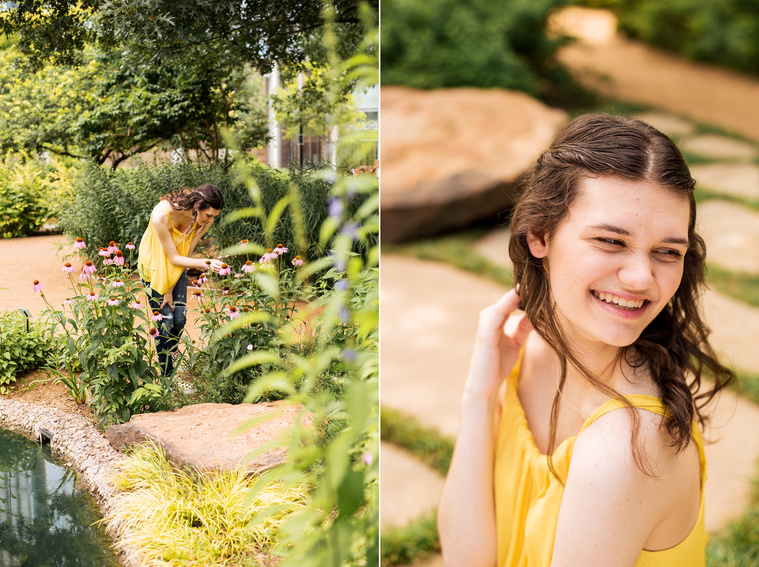 two photos of a high school senior girl with long brown hair wearing a yellow top and jeans admiring tall flowers near a pond at Myriad Gardens in Oklahoma City