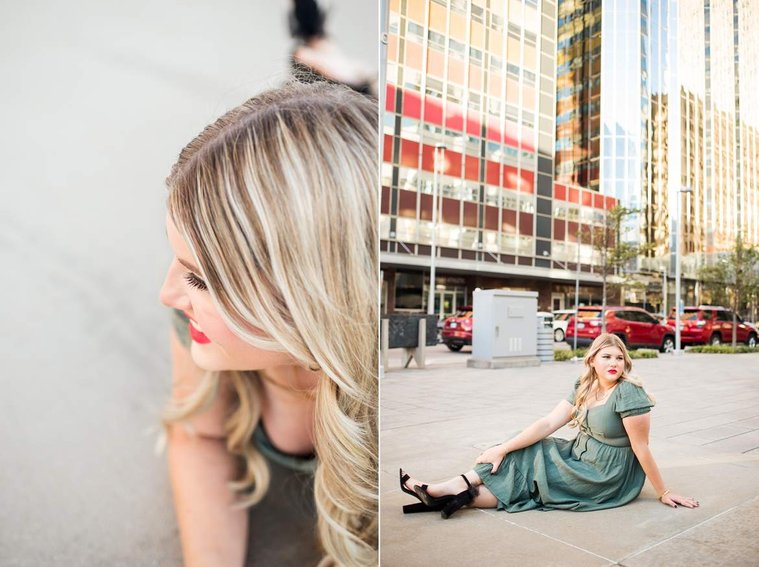 one photo side profile shot down at a blond high school senior girl laying on concrete, other photo same girl sitting on a sidewalk with ankles crossed and buildings behind her in downtown Oklahoma City for senior portraits