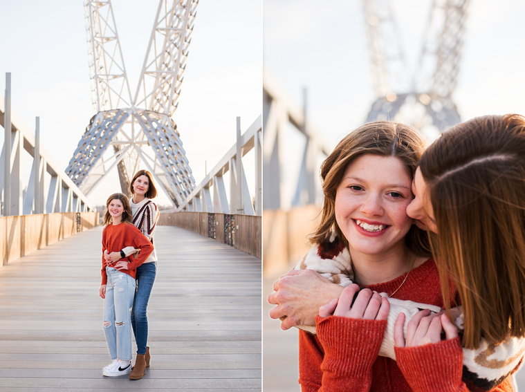 two images of a mom and her teen daughter hugging and smiling on the Skydance Bridge at Scissortail Park in Oklahoma City