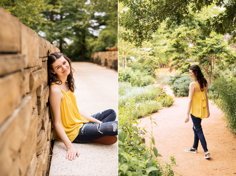 two photos of a high school senior girl with long brown hair wearing a yellow top and jeans sitting against a rock wall and walking away on a path with greenery around her at Myriad Gardens in Oklahoma City