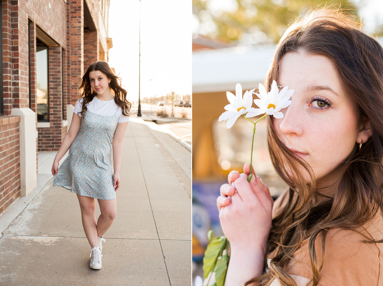 two photos of a high school senior girl on a sidewalk holding her skirt and walking and a portrait of her holding daisies in front of one eye in Tuttle Oklahoma