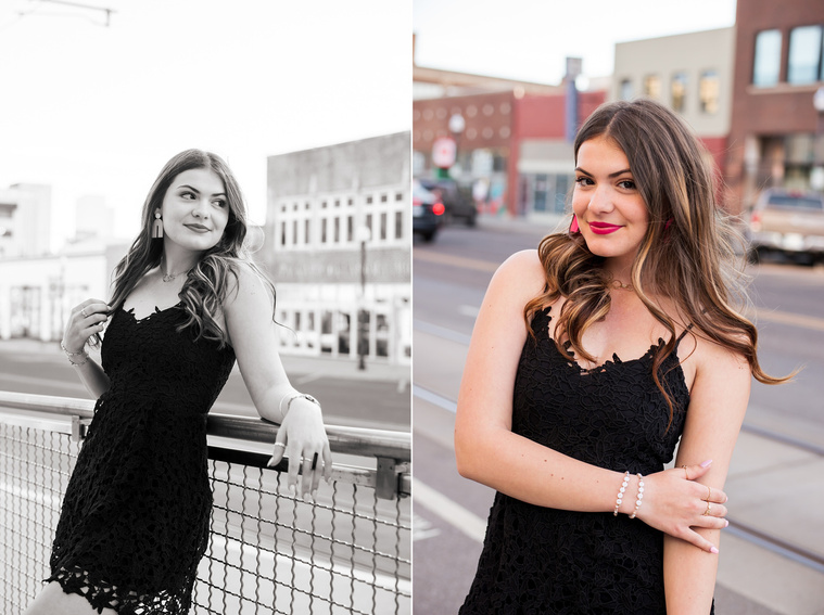 two photos of a high school senior girl wearing a black dress, one in black and white, standing on the sidewalk in Automobile Alley in Oklahoma City, Oklahoma