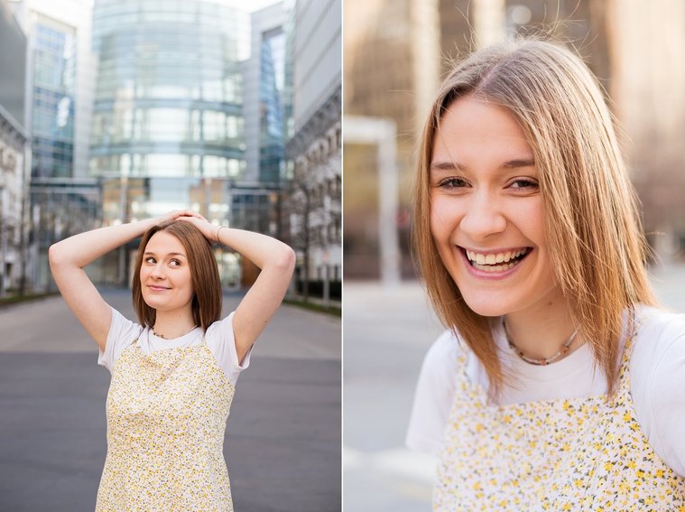 two photos of a high school senior girl in downtown Oklahoma City, one with her hands on head with the Devon tower behind her and a close up portrait of her smiling