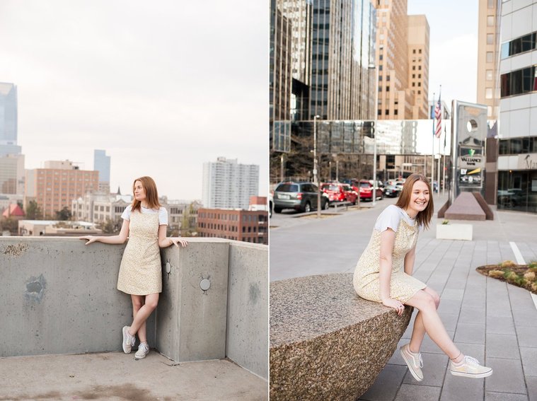 two photos of a high school senior girl standing against a wall on the rooftop of a parking garage in midtown Oklahoma City and her sitting on a big rock on sidewalk in downtown Oklahoma City